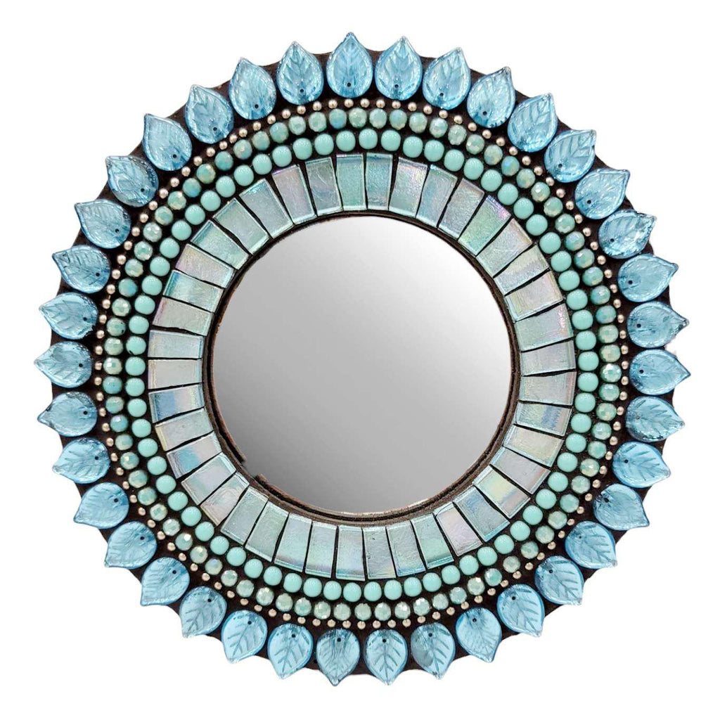 Mosaic Mirror - 7in Round (Aquamarine Leaf) by Zetamari Mosaic Artworks