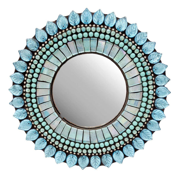 Mosaic Mirror - 7in Round (Aquamarine Leaf) by Zetamari Mosaic Artworks