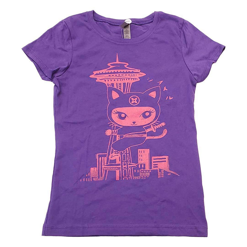 Kids Tee - Seattle Ninja Kitty Pink on Purple by Namu