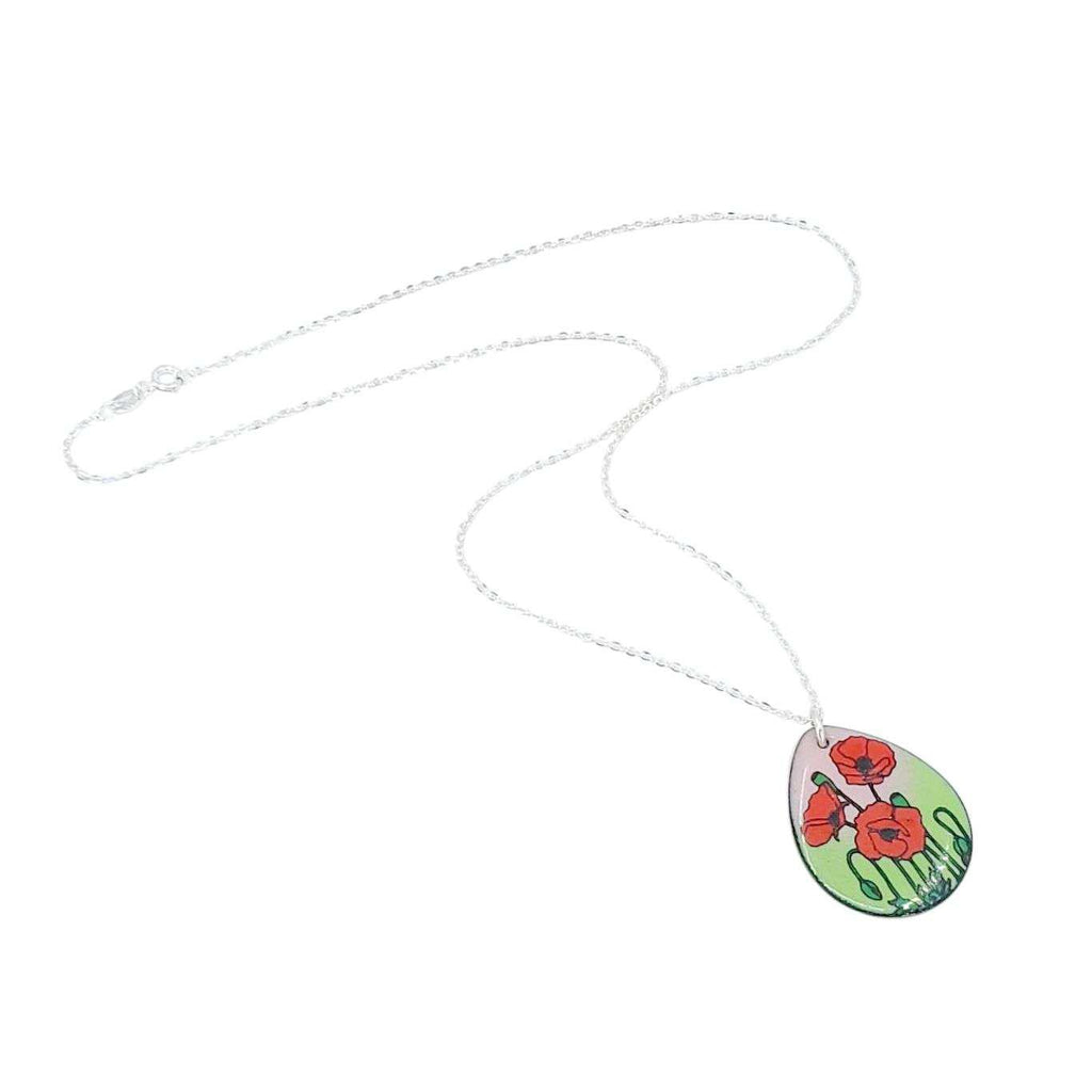 Necklace - Red Poppies Large Teardrop (Pink Green) by Magpie Mouse Studios