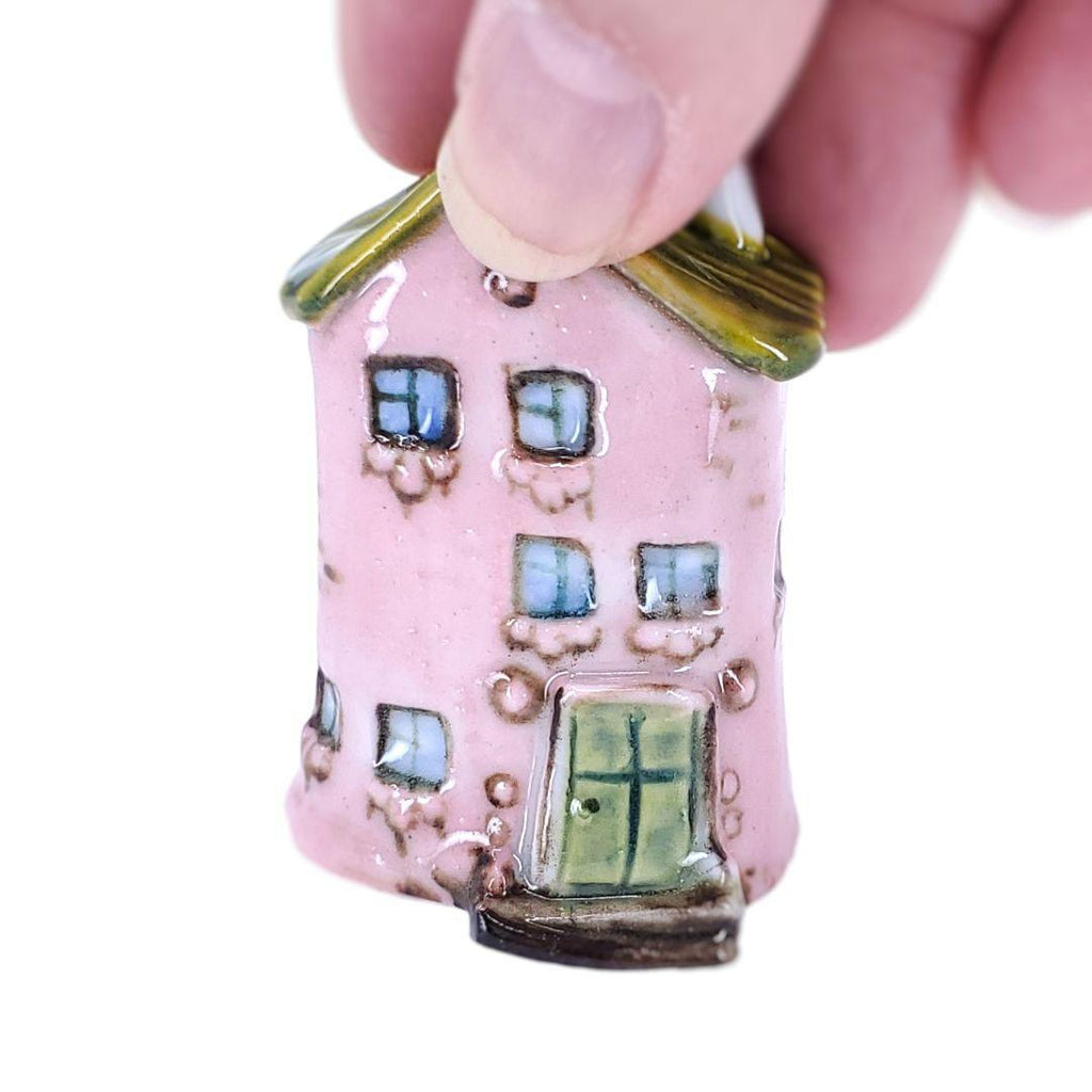 Tiny House - Pink House Green Door Green Gold Roof by Mist Ceramics