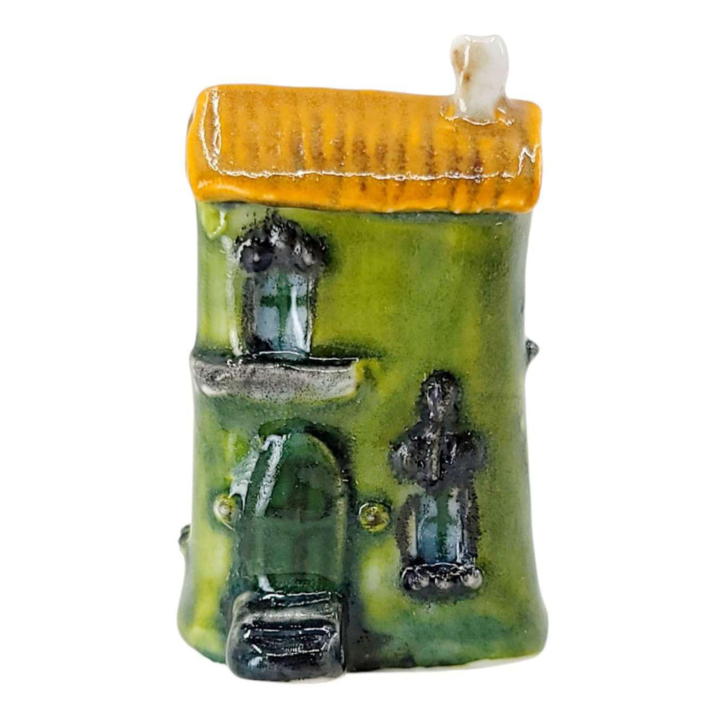 Tiny House - Olive Green House Dark Green Door Light Brown Roof by Mist Ceramics