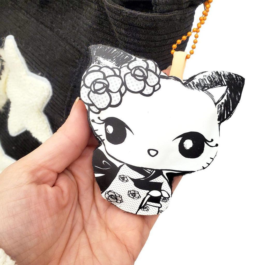 Shoulder Bag - Cat Flowers Stars with Geisha Friend on Black Corduroy by Namu