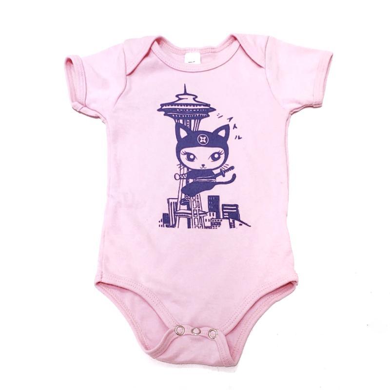 Onesie - Purple Ninja Kitty Space Needle on Pink by Namu