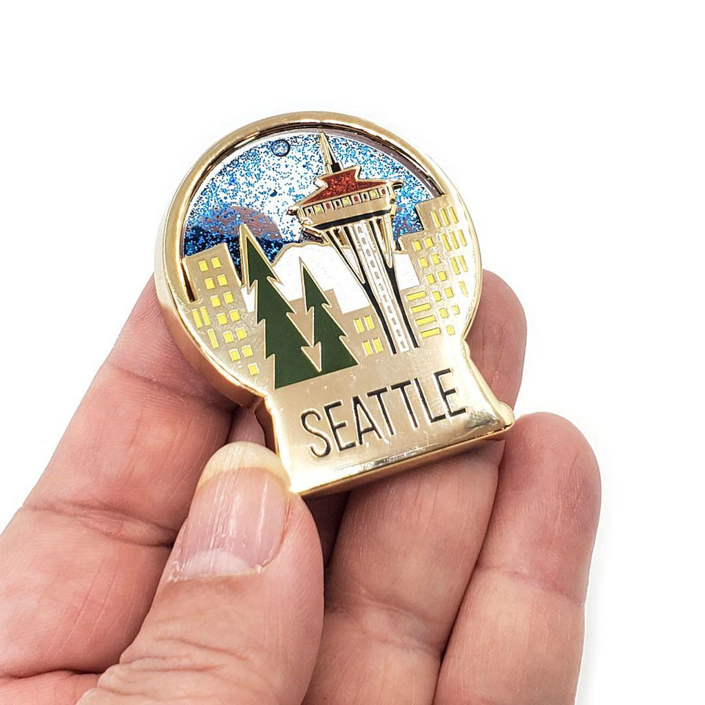 Enamel Pin - Seattle Snow Globe with Sparkle Quicksand by Amber Leaders Designs