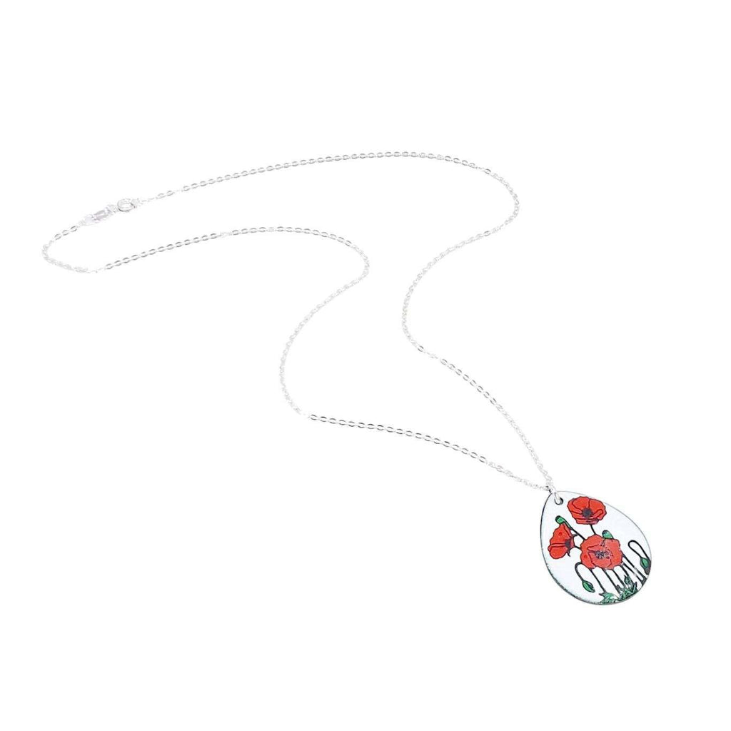 Necklace - Red Poppies Large Teardrop (White) by Magpie Mouse Studios