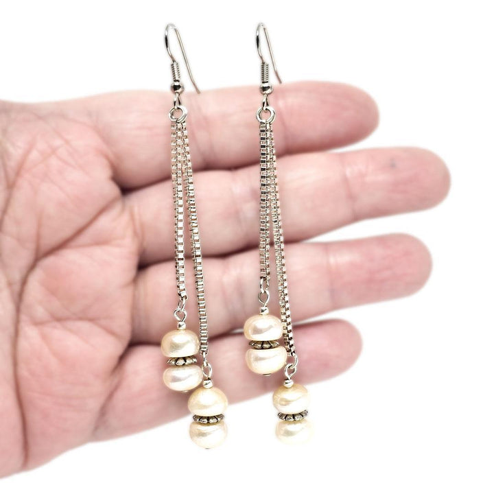 Earrings - Double Drop Extra Long Chain Drop Pillow Pearls by Tiny Aloha