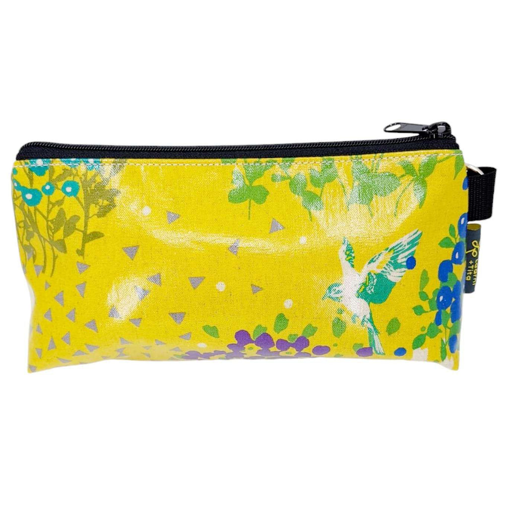 Makeup Bag - Small - Bird and Flowers on Mustard by Laarni and Tita