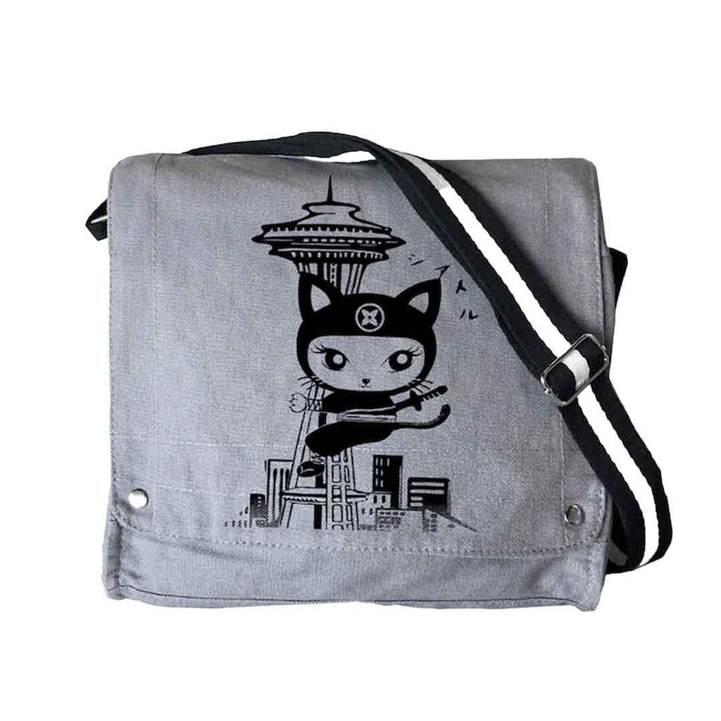 Messenger Bag - Black Kitty Ninja Space Needle Black on Gray Canvas by Namu
