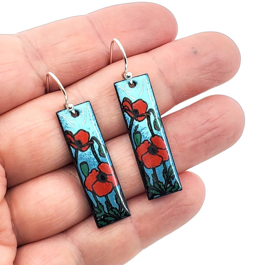 Earrings - Slim Rectangle Poppies (Lt Blue Dk Blue) by Magpie Mouse Studios