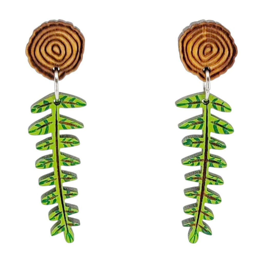 Earrings - Mini Woodland Fern Wood Slice (Post Dangles) by Fresh Cuttery