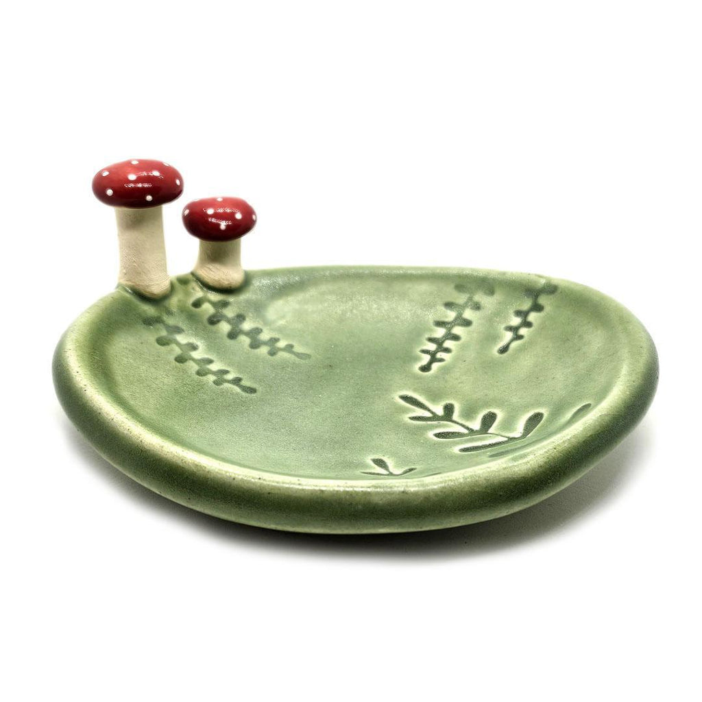 Oval Ring Dish - Red Mushrooms and Fern Fronds (Green) by Tasha McKelvey