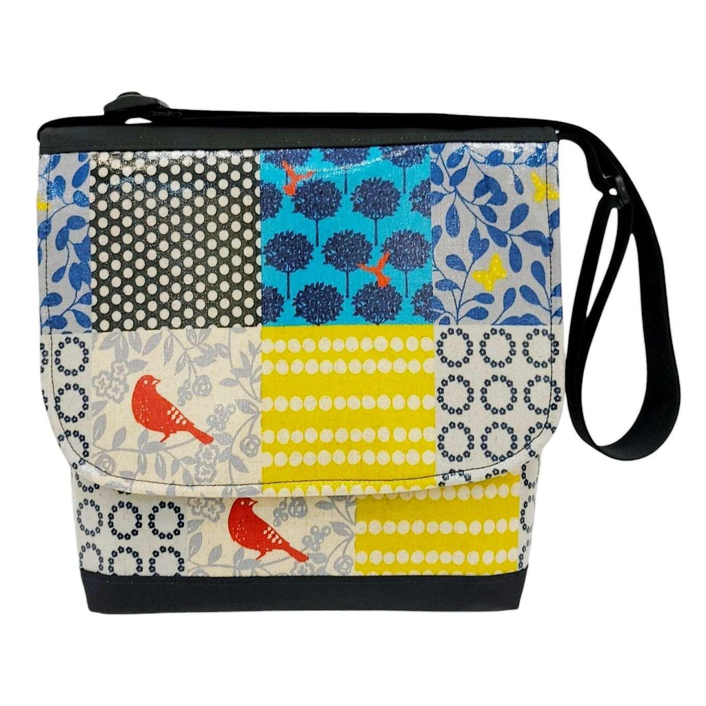 Messenger Bag - Reinforced Tall - Red Birds and Yellow Butterflies on Abstract Multicolor Background by Laarni and Tita