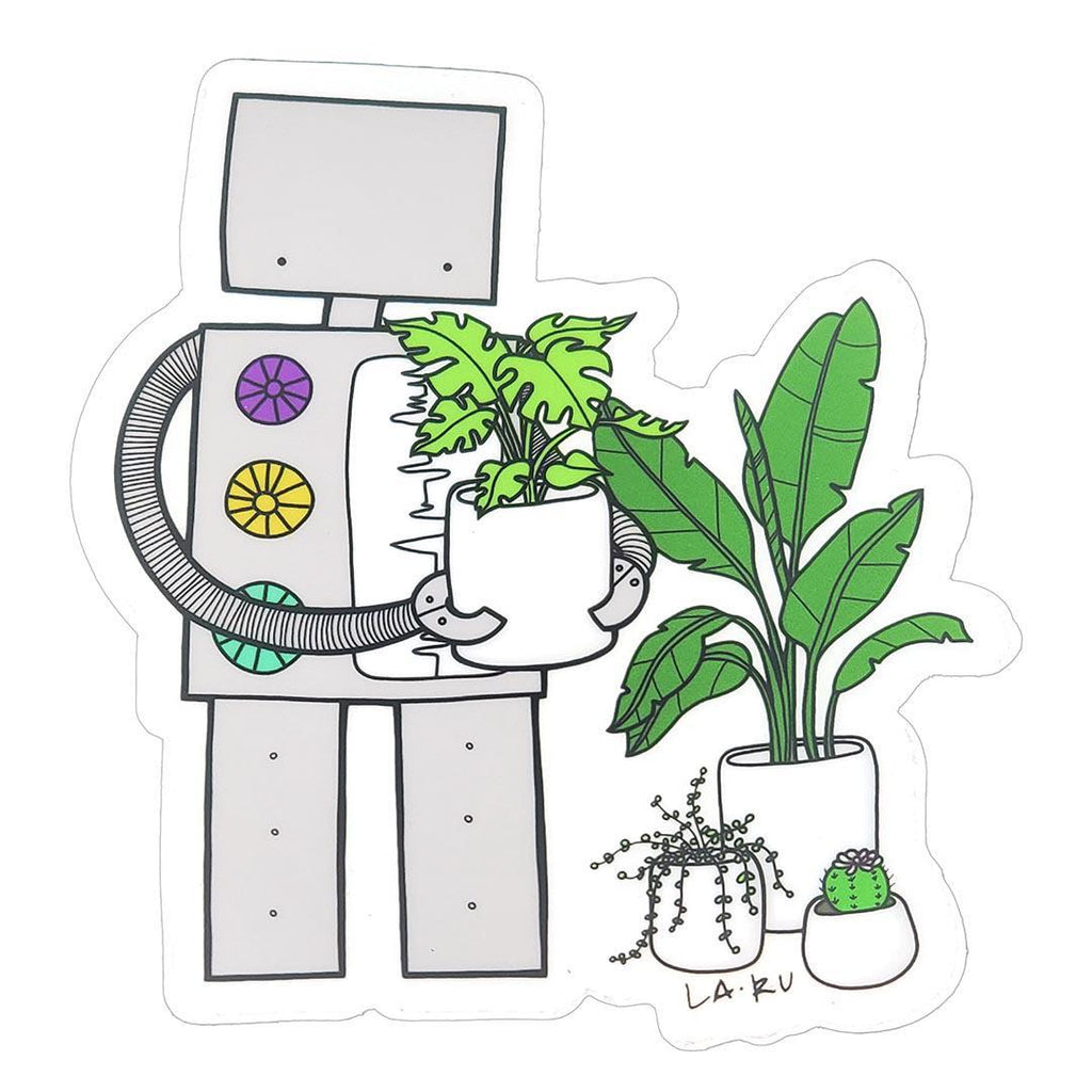 Sticker Vinyl - Robot Loves Plants (Transparent) by La Ru