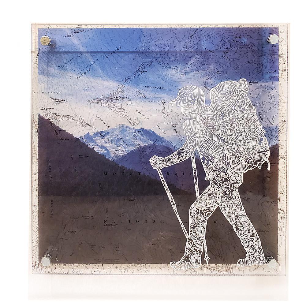 (C) Wall Art - 12x12in - Rainier Westbound Hiker with Stick Floating Frame Map by Modern Terrain