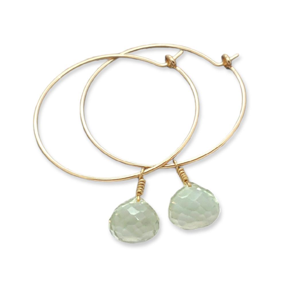 Earrings - One Last Kiss Prasiolite Prasiolite (Green Amethyst) 14K Gold Fill Hoops by Foamy Wader