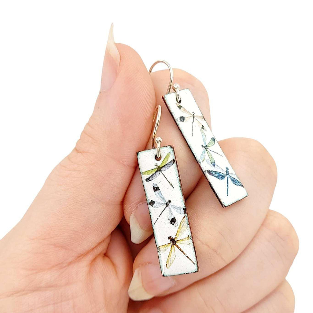 Earrings - Slim Rectangle Dragonflies on White Background by Magpie Mouse Studios