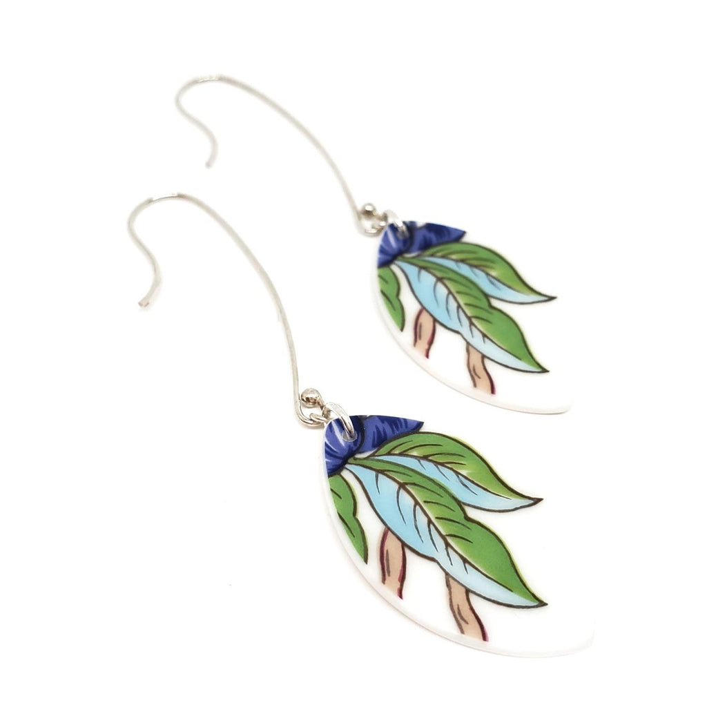 Earrings - Long Blue Green Leaf Vintage China by Material+Movement