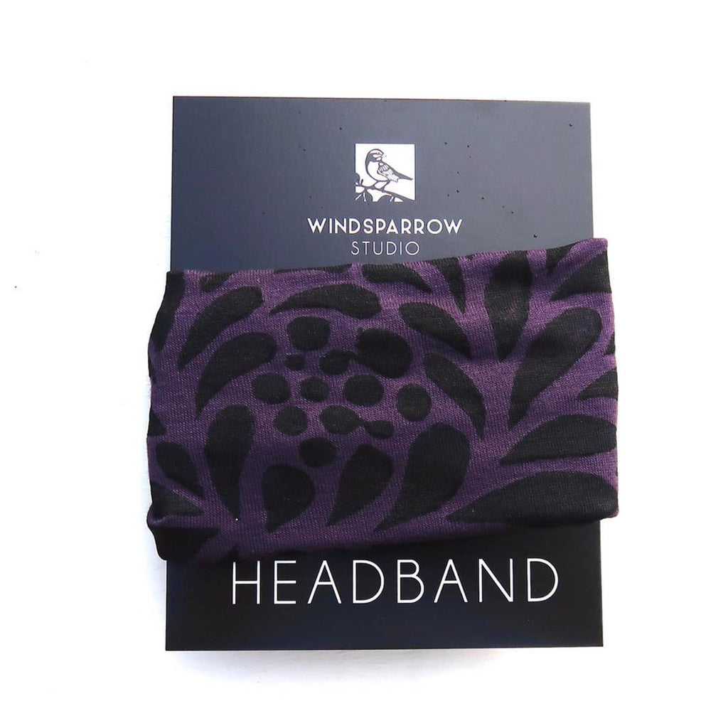 Headbands - Chrysanthemum on Dark Plum (Black Ink) by Windsparrow Studio