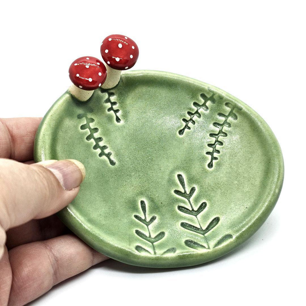 Oval Ring Dish - Red Mushrooms and Fern Fronds (Green) by Tasha McKelvey