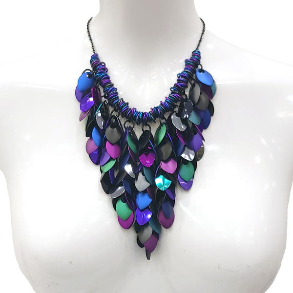 Necklace - Statement Feather Cascade Bib (Dark Mermaid) by Rebeca Mojica