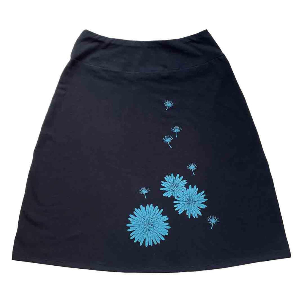 Skirt - Dandelion A-Line (Turquoise Flowers on Black) by Uzura