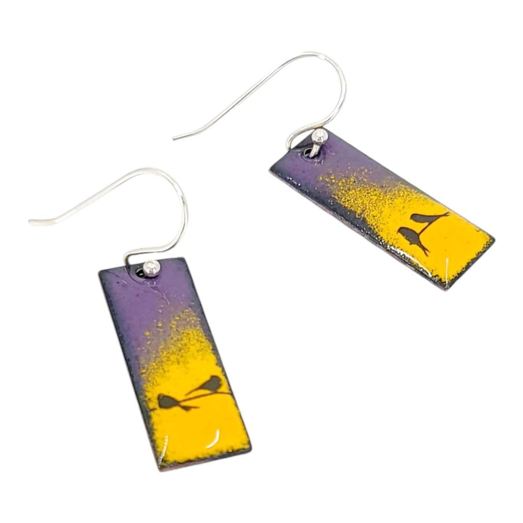 Earrings - Slim Rectangle Bird Pair on Orange and Purple Background by Magpie Mouse Studios