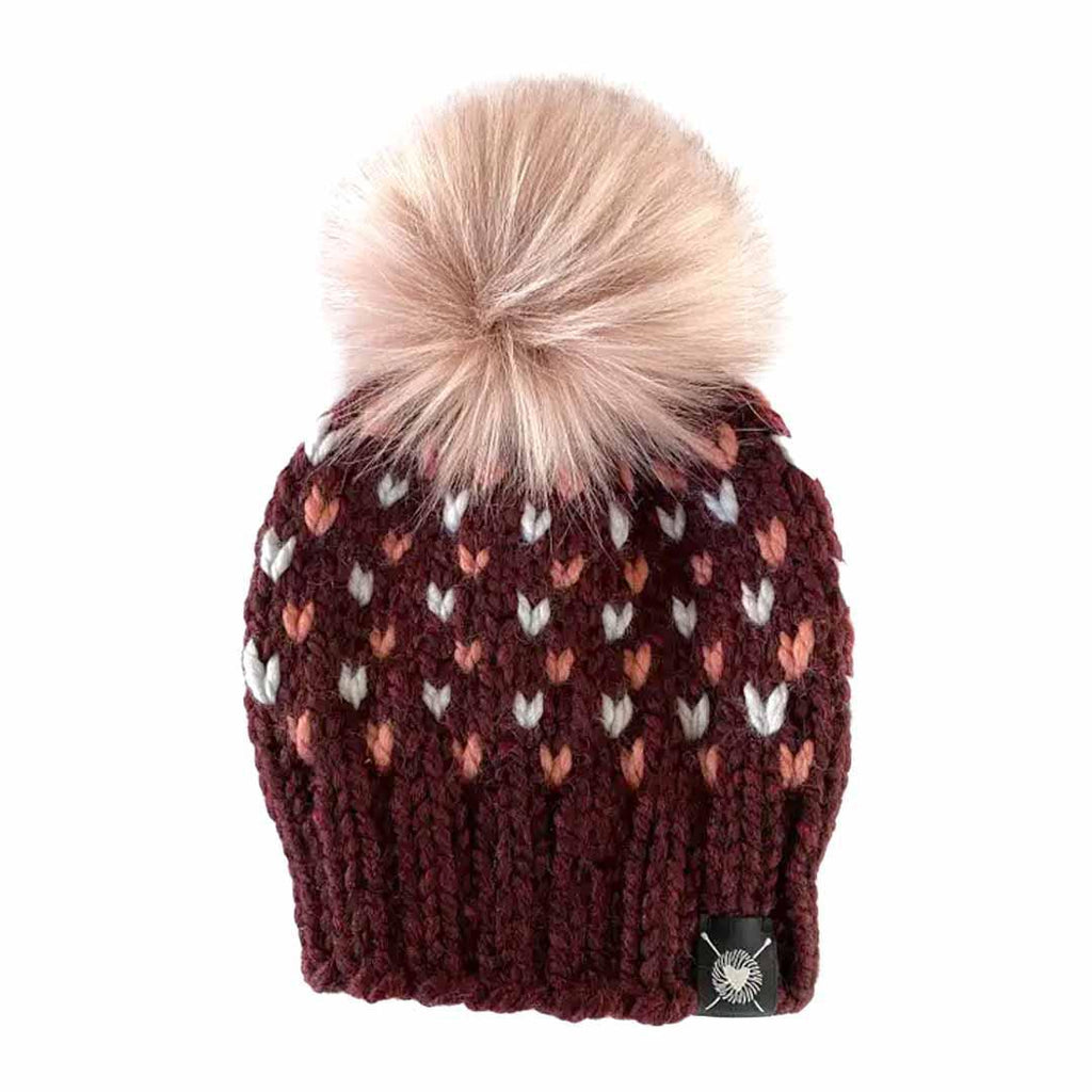 Beanie - Classic Blended Fiber Pom in Light Gray and Peach Hearts on Wine with Pink Faux Fur by Nickichicki