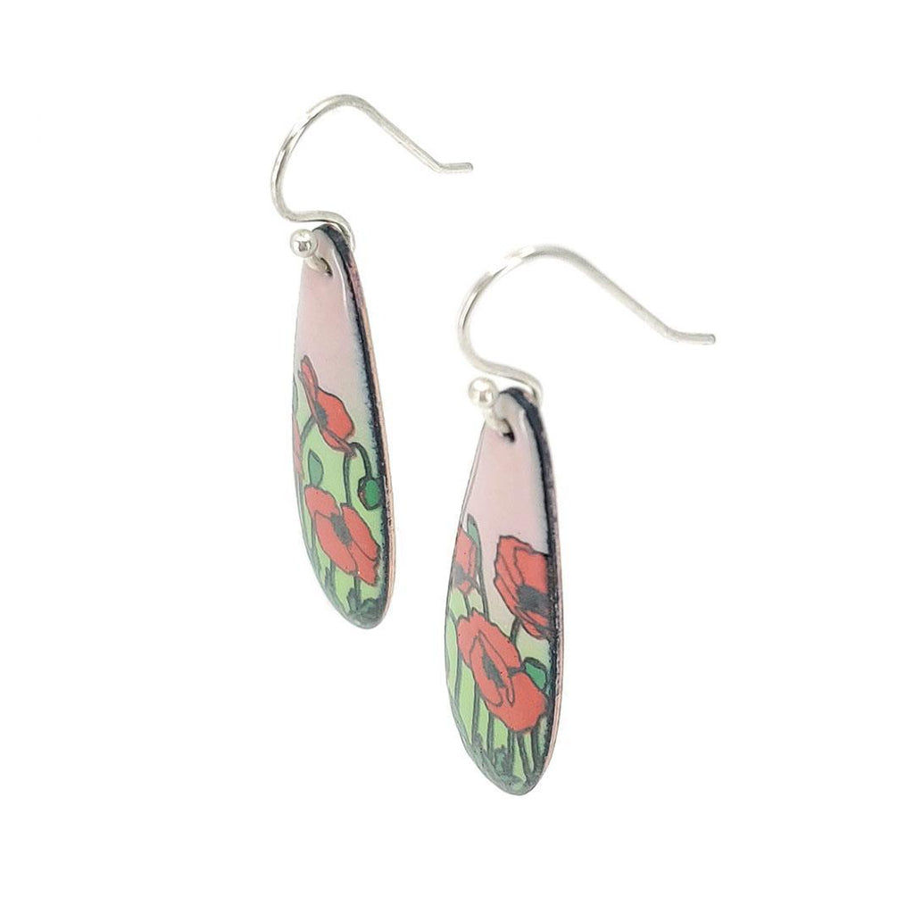 Earrings - Red Poppies Long Teardrop (Pink Green) by Magpie Mouse Studios