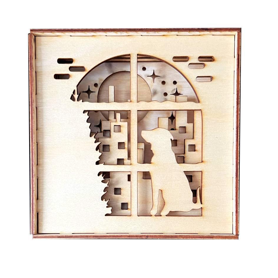 Lighted Shadowbox - Dog at Window by Squirrel Taco Papercuts