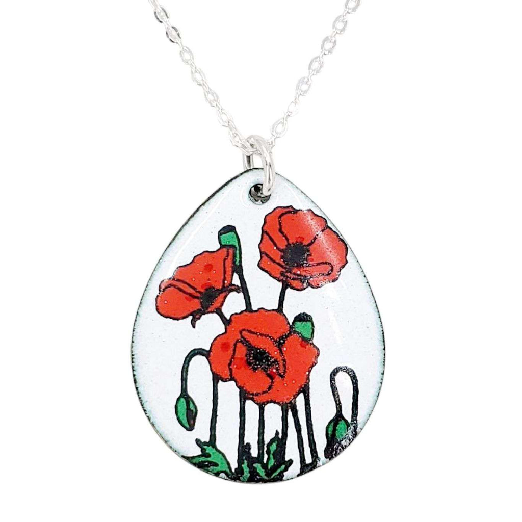 Necklace - Red Poppies Large Teardrop (White) by Magpie Mouse Studios