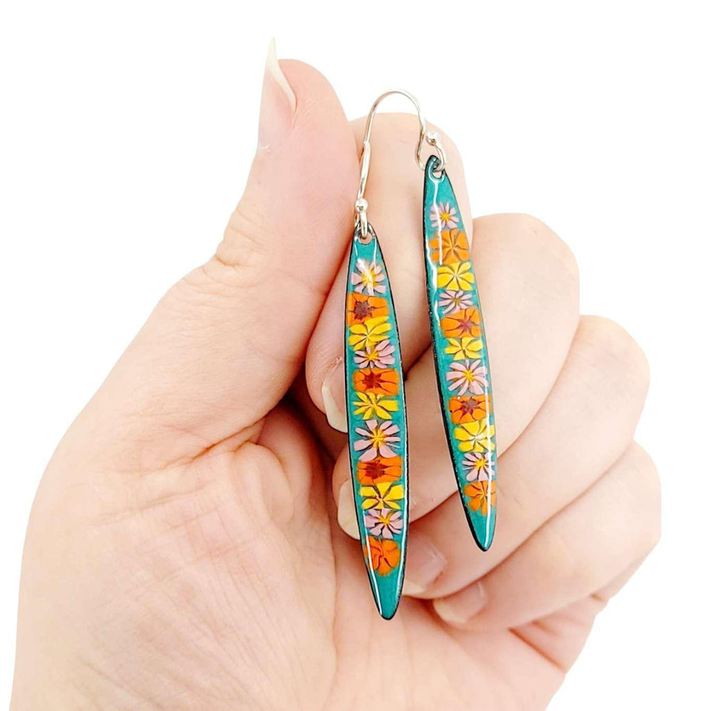 Earrings - Long Stiletto (Orange Floral on Teal) by Magpie Mouse Studios