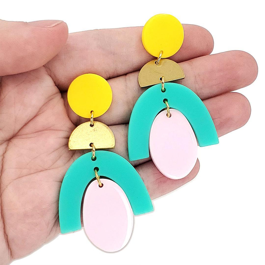 Earrings - Arch with Oval (Teal & Pink) by Chubby Bunny
