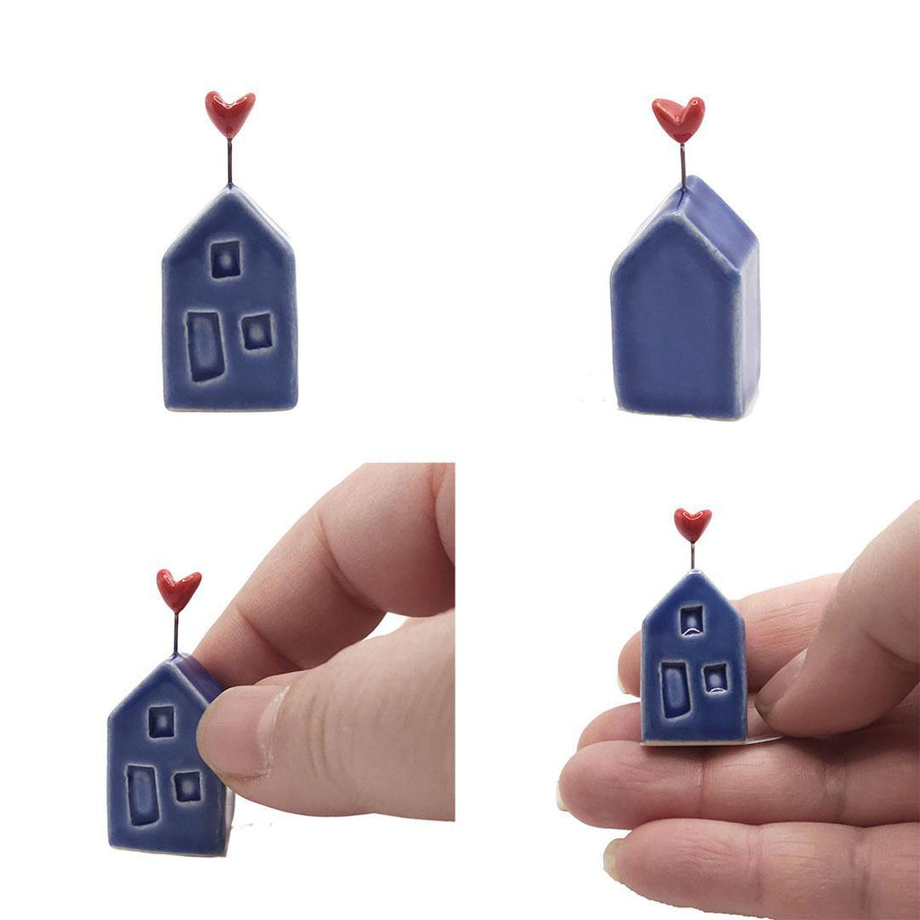 Tiny Pottery House - Dark Blue with Heart (Pink or Red) by Tasha McKelvey