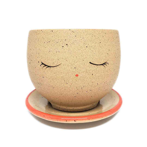 Planter - Peaceful Face (Red Saucer) by Jennifer Fujimoto