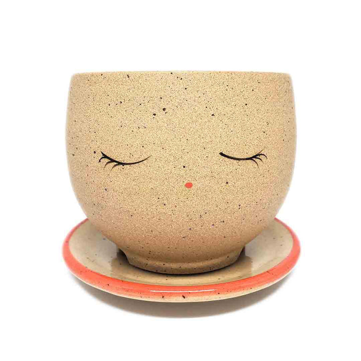 Planter - Peaceful Face (Red Saucer) by Jennifer Fujimoto