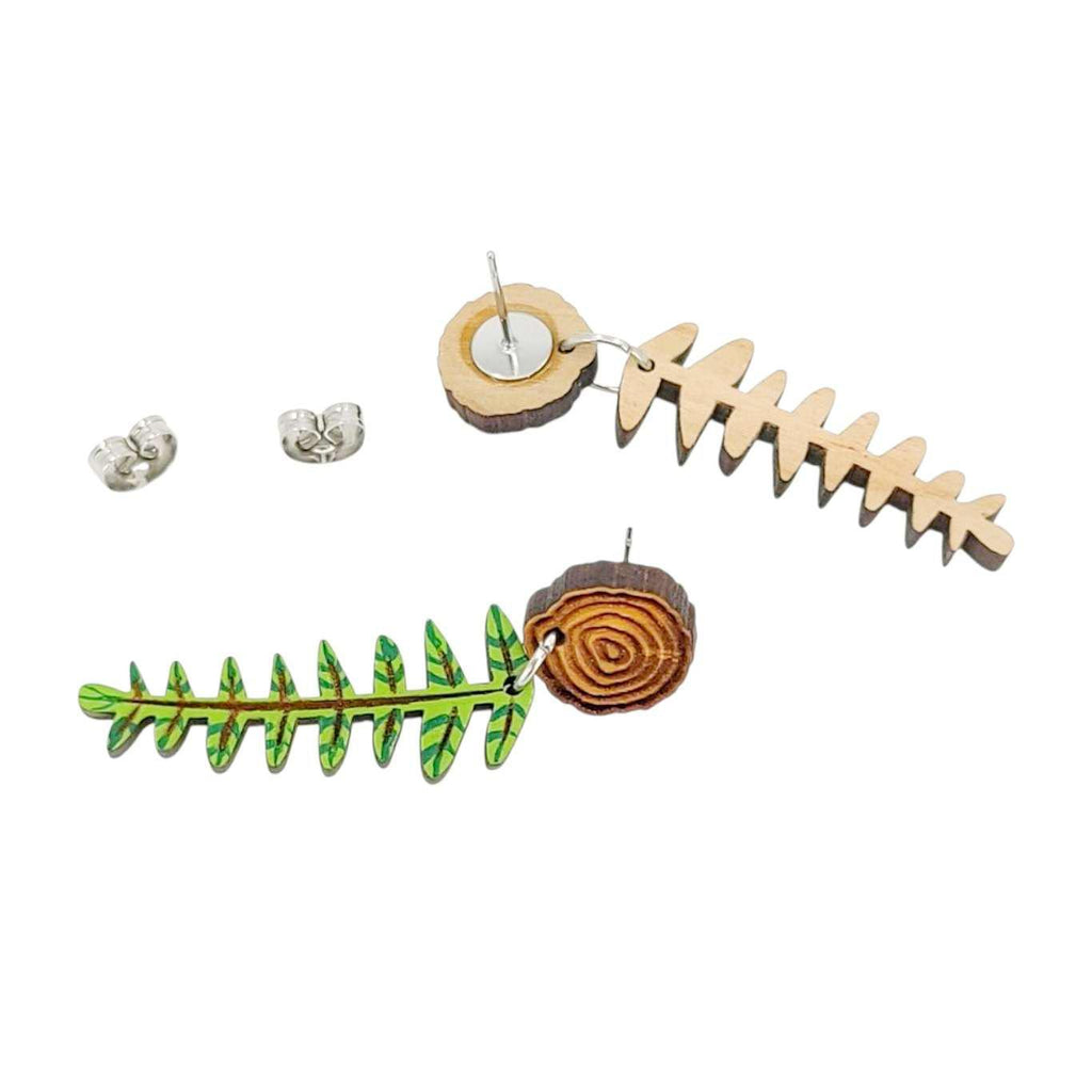 Earrings - Mini Woodland Fern Wood Slice (Post Dangles) by Fresh Cuttery