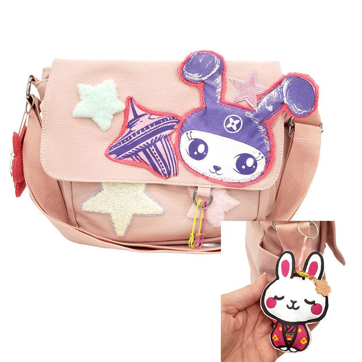 Messenger Bag - Ninja Bunny with Geisha Bunny Friend on Pink Bag by Namu