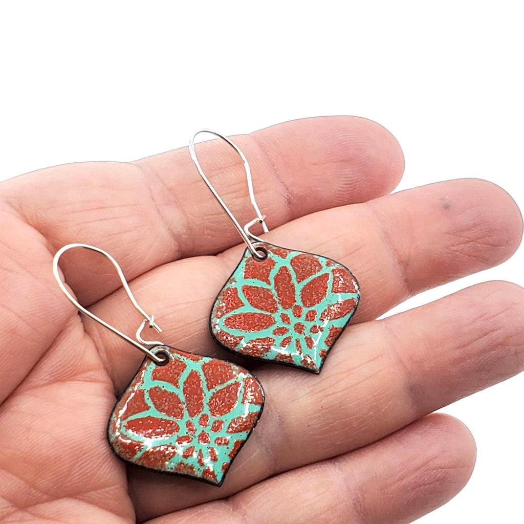 Earrings - Ogee Flower Petals (Turquoise Orange) by Magpie Mouse Studios