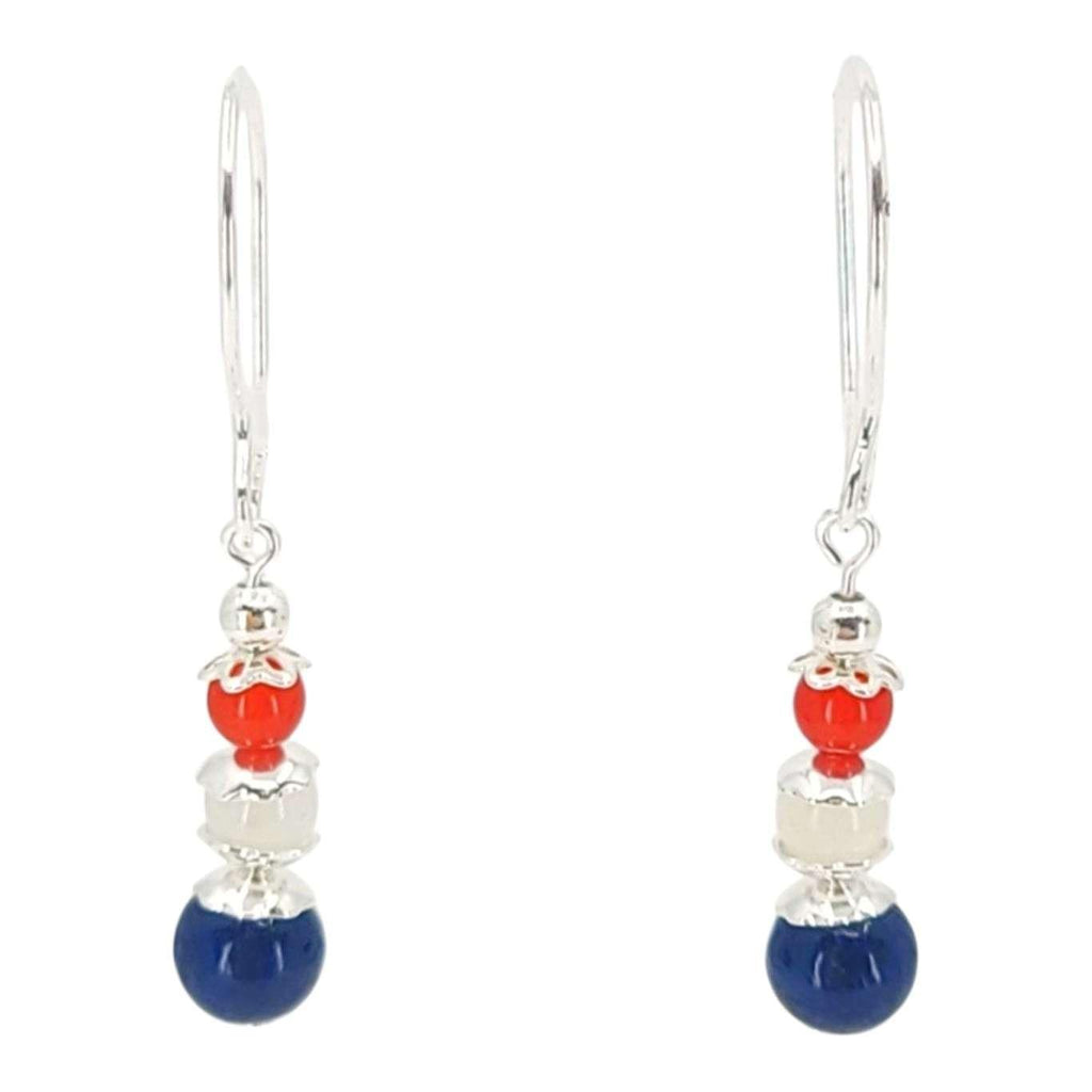 Earrings - Triple Stone Stacked Bead Drops (Lapis Lazuli, Rainbow Moonstone, Red Jade, Sterling Silver) by Tiny Aloha