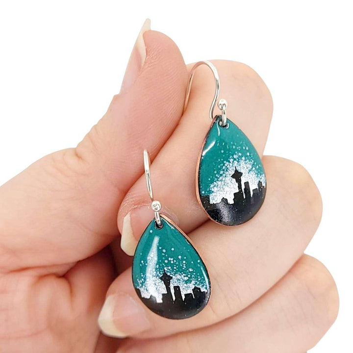 Earrings - Small Teardrop (Blue White Seattle Skyline) by Magpie Mouse Studios