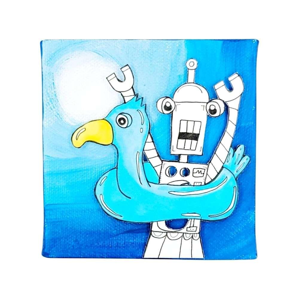 Original Painting - 4x4in - Moonlight 3D Robot (Pool Party Arty) by Mandy Greear