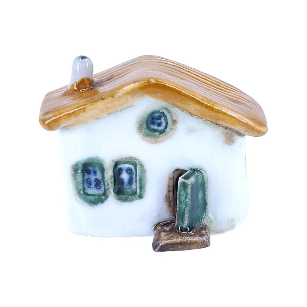 Tiny House - White House Open Green Door Light Brown Roof by Mist Ceramics