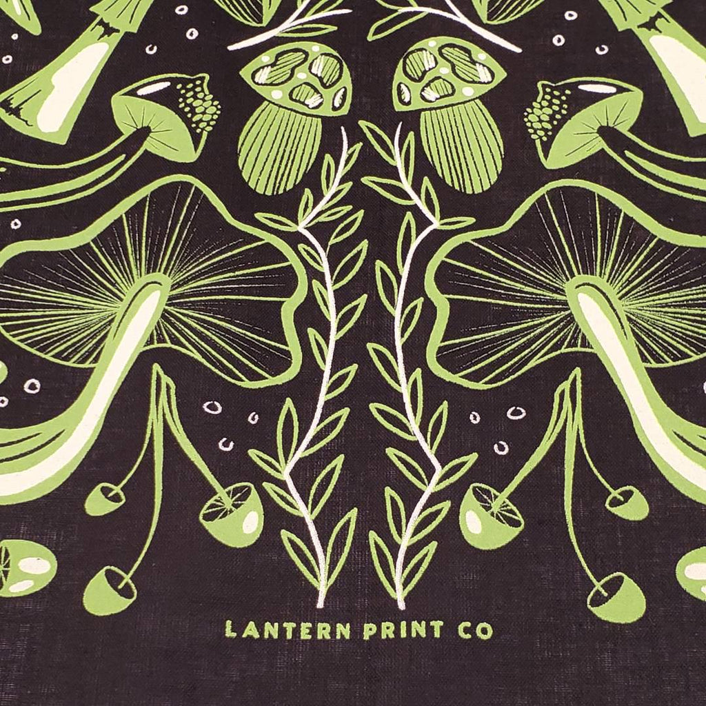 Bandana - Green Midnight Mushroom on Black by Lantern Print Co