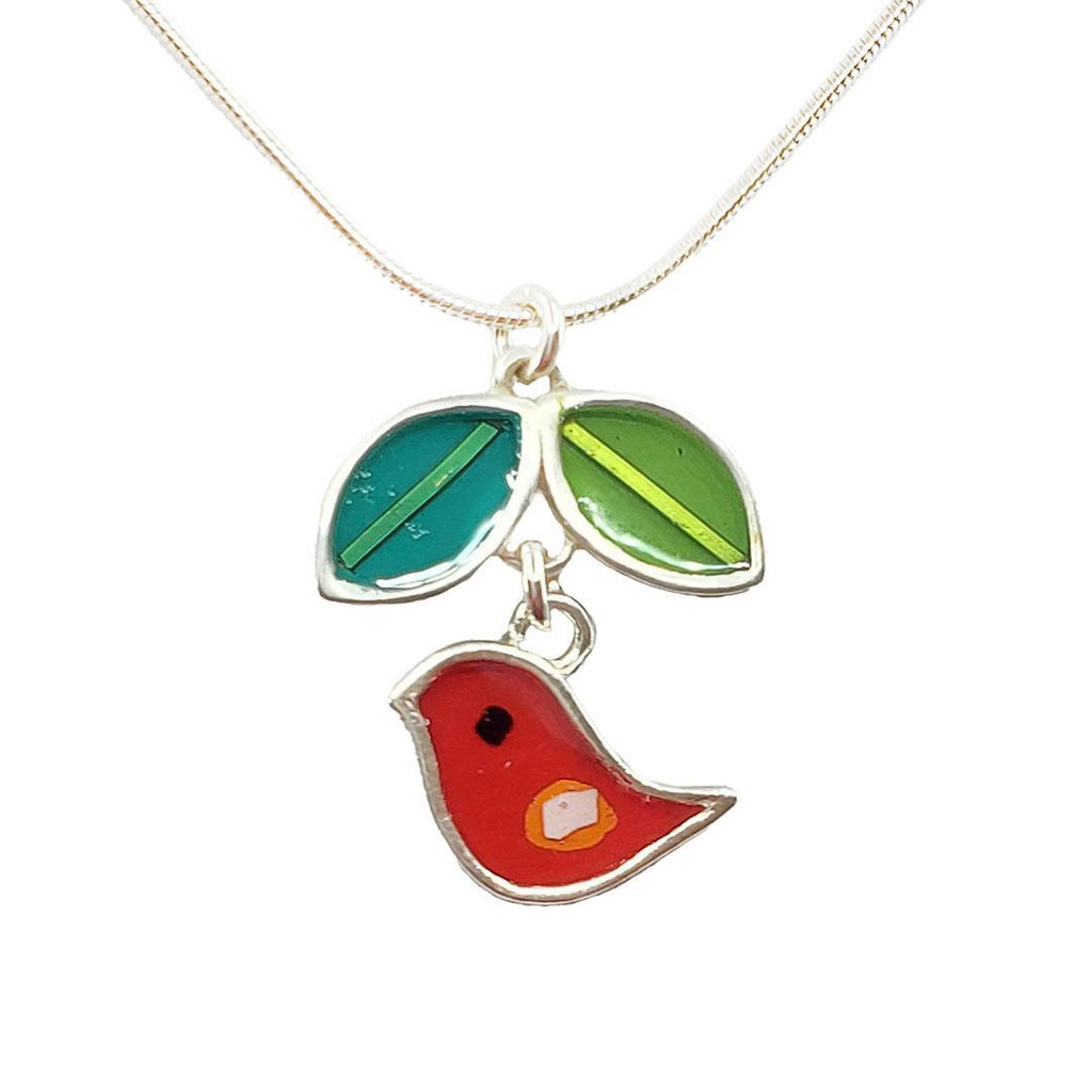 Necklace - Red Bird with Green Leaves (A or B) by Happy Art Studio