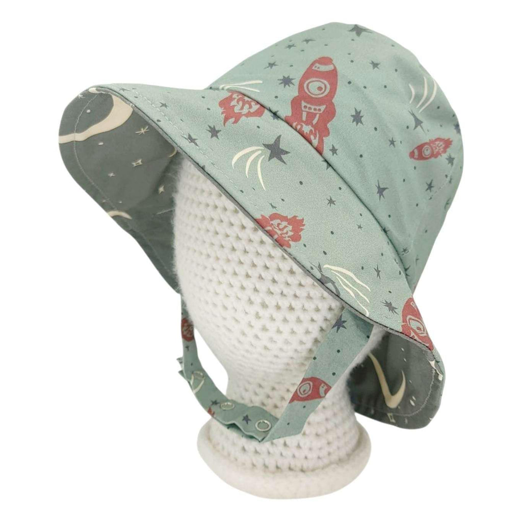 Baby Bonnet - Reversible Bucket Hat (Emerald Spaceships) by Urban Baby Bonnets