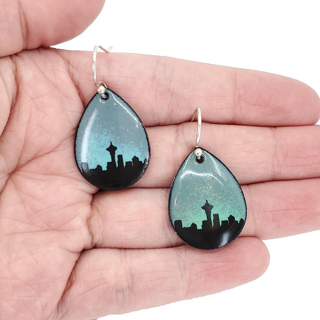 Earrings - Seattle Skyline Medium Teardrop (Gray Aqua Ombre) by Magpie Mouse