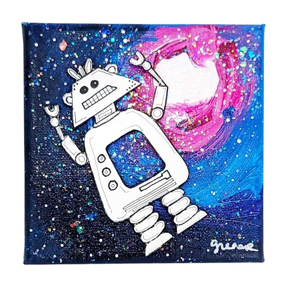 Original Painting - 5x5in - Galaxy Sparkle 3D Robot (Forever Floating Max) by Mandy Greear