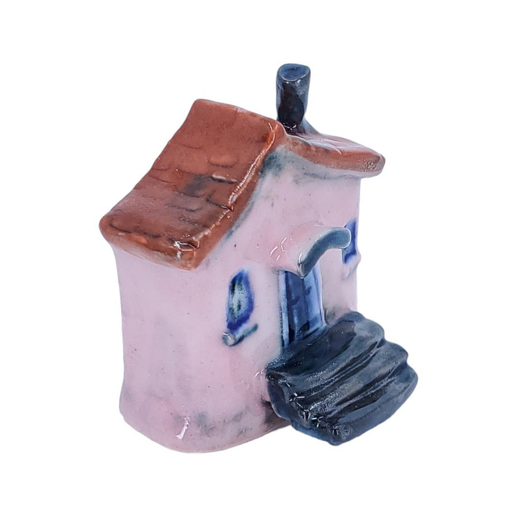Tiny House - Pink House Black Steps Rust Roof by Mist Ceramics