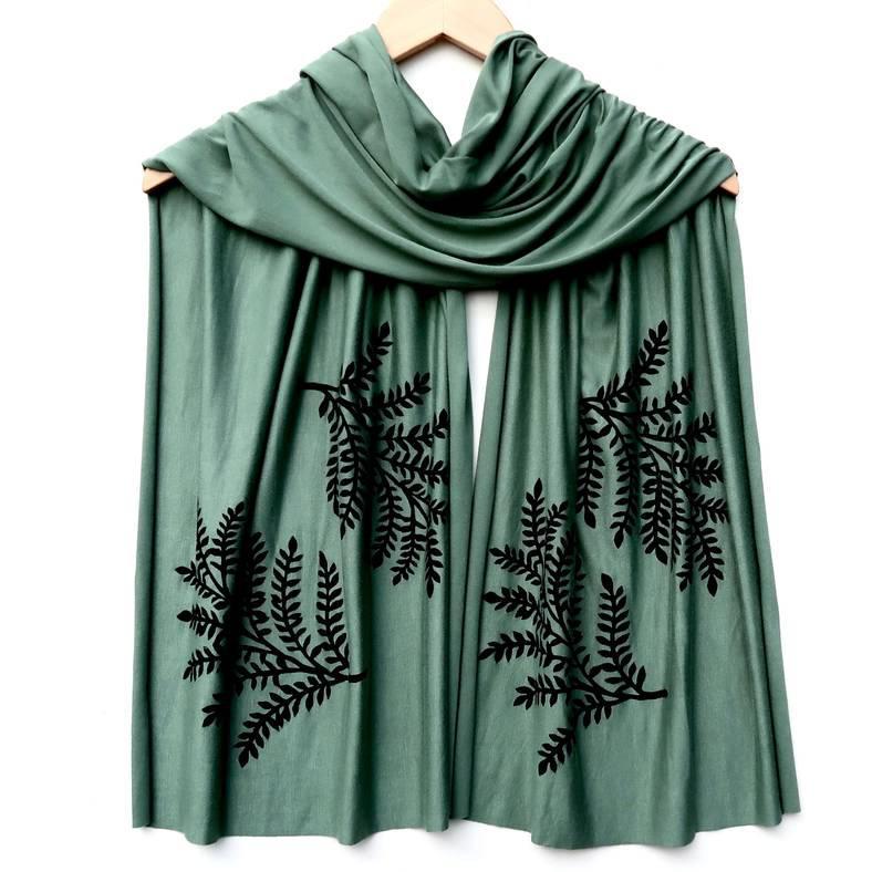 Scarf Wide - Moss Green Leafy Branch (Black Ink) by Windsparrow Studio